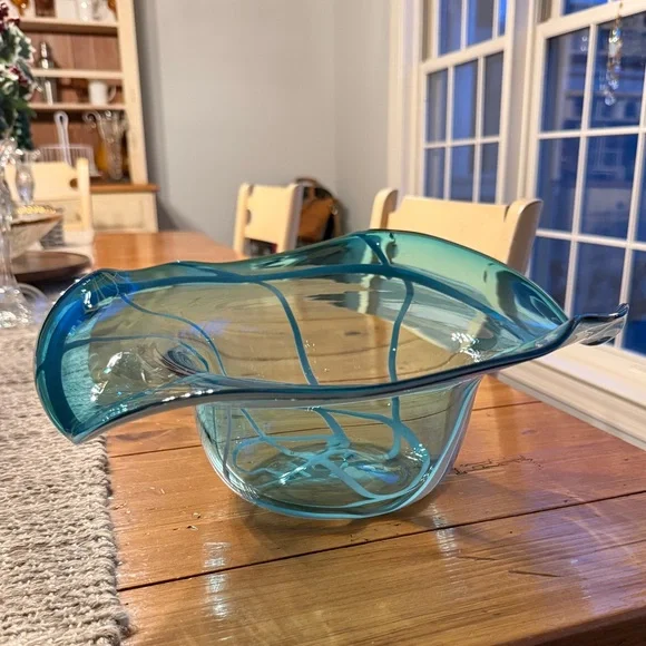 Handblown Aqua Blue Sombrero Freeform Abstract Art Glass Decorative Bowl